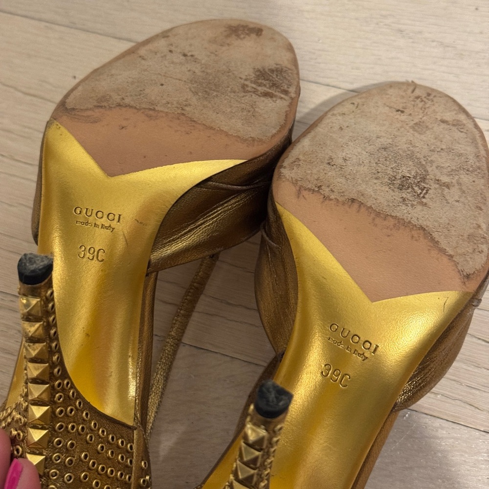 Gucci Burnished Gold Metallic Leather Studded Peep Toe Heels - Picture 4 of 10